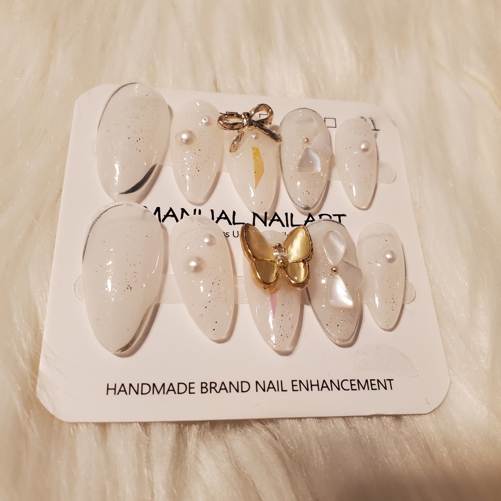 🎁3/$30 White Glitter Nail Art Set with Gold Accents Size S GUC
